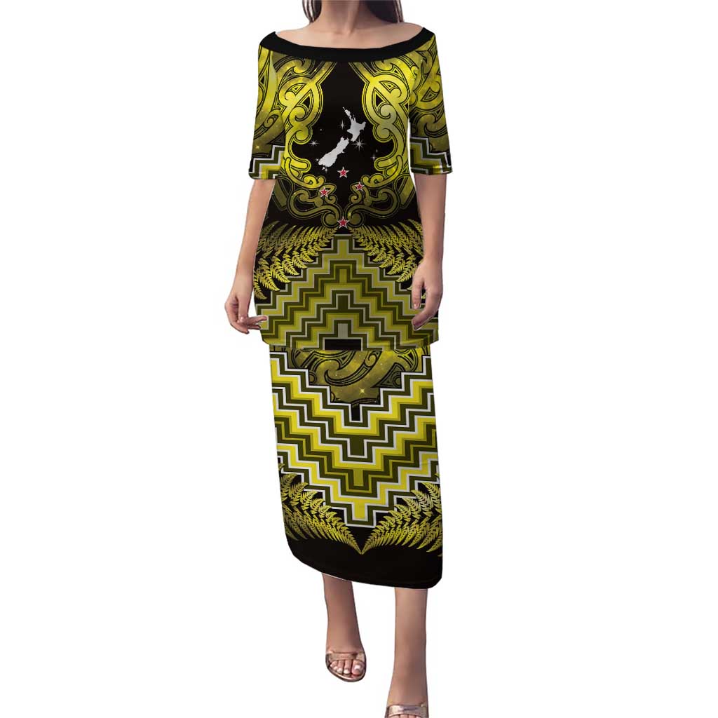 Personalised Aotearoa Matariki Puletasi Yellow Fern Maori Poutama