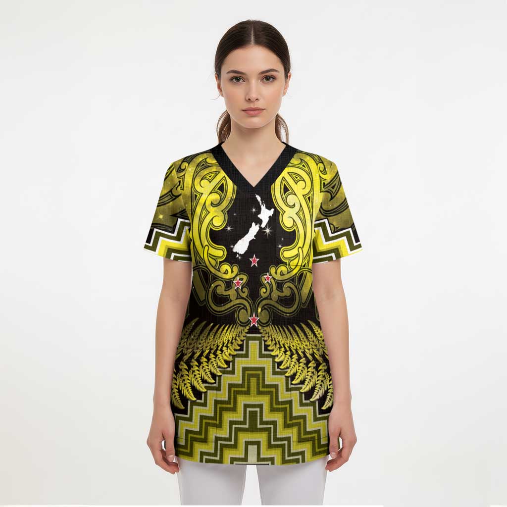 Personalised Aotearoa Matariki Scrub Top Yellow Fern Maori Poutama - Polynesian Pride