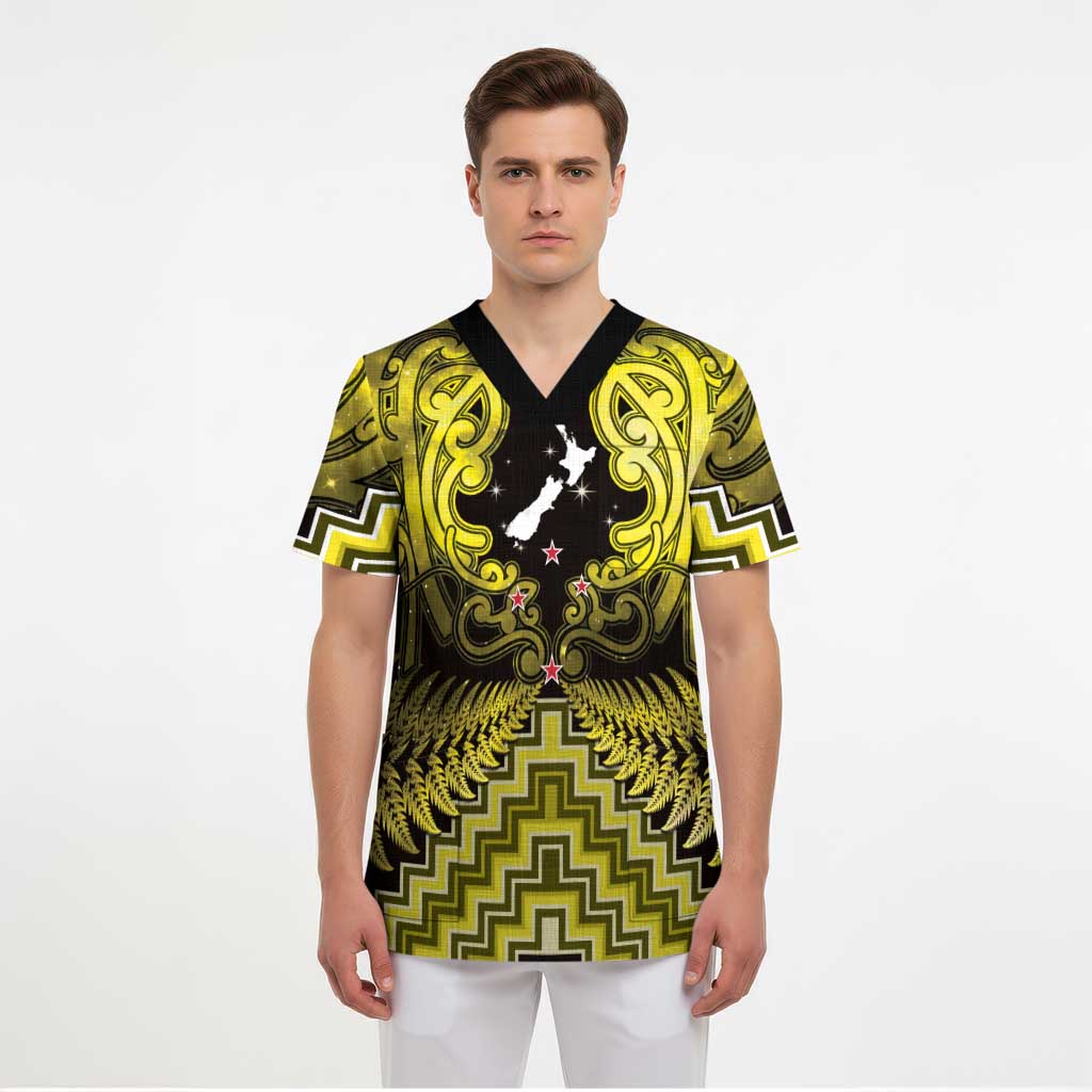 Personalised Aotearoa Matariki Scrub Top Yellow Fern Maori Poutama - Polynesian Pride