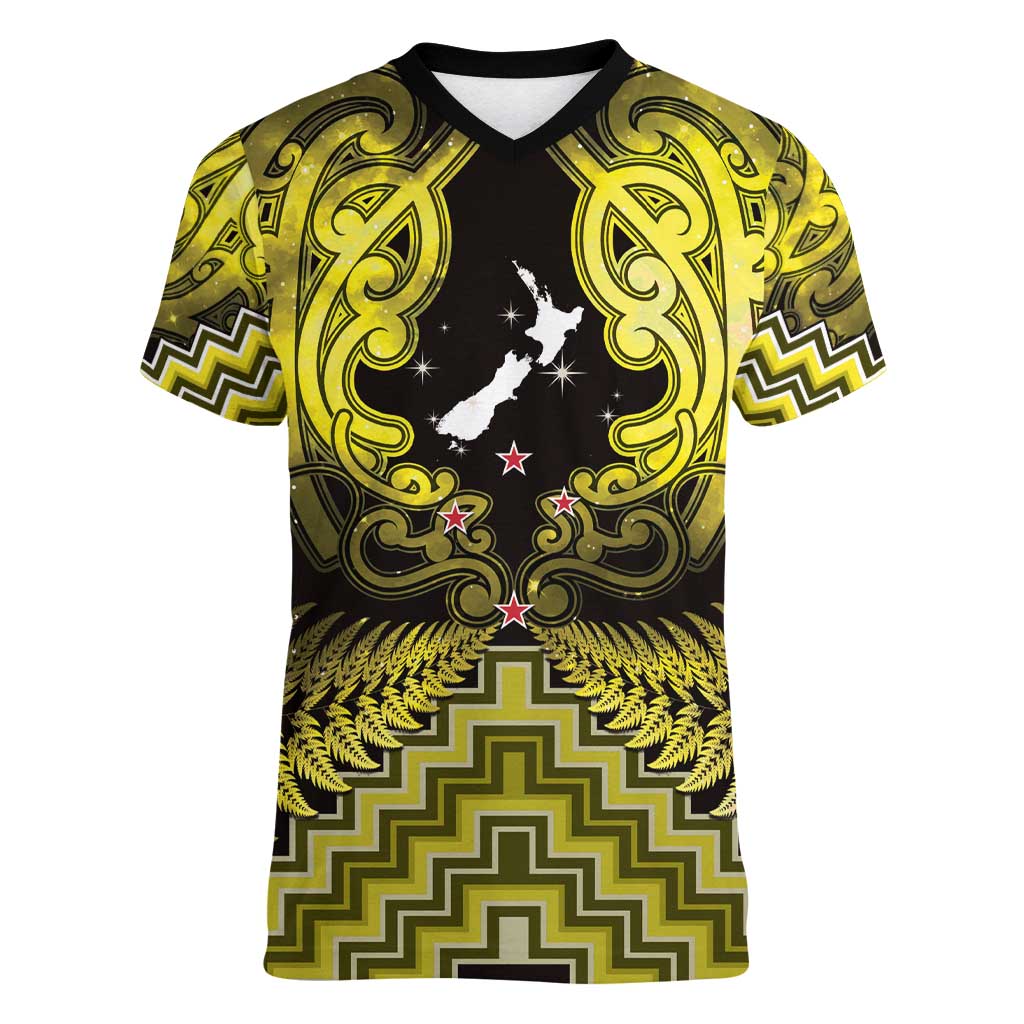 Personalised Aotearoa Matariki Women V-Neck T-Shirt Yellow Fern Maori Poutama