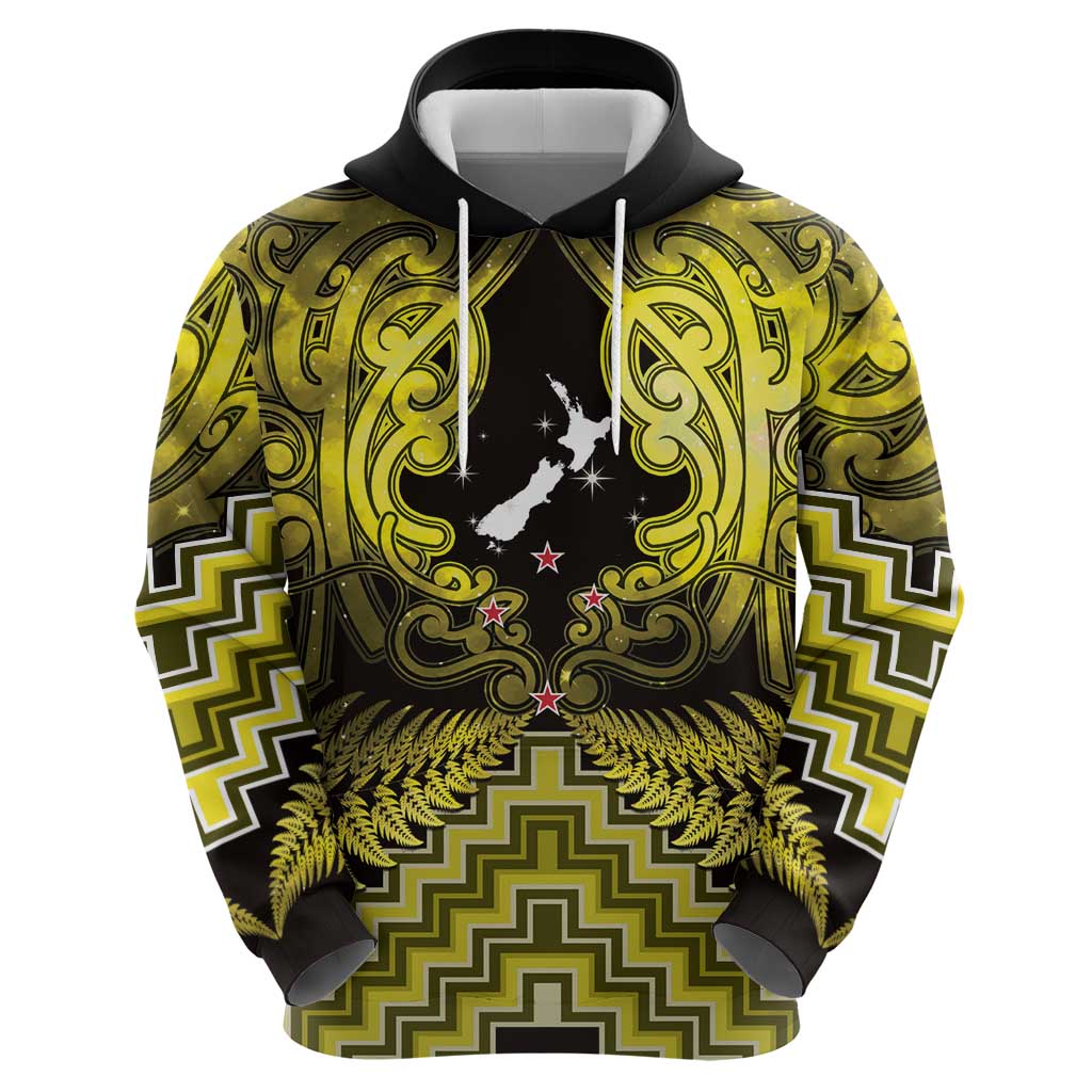 Personalised Aotearoa Matariki Zip Hoodie Yellow Fern Maori Poutama