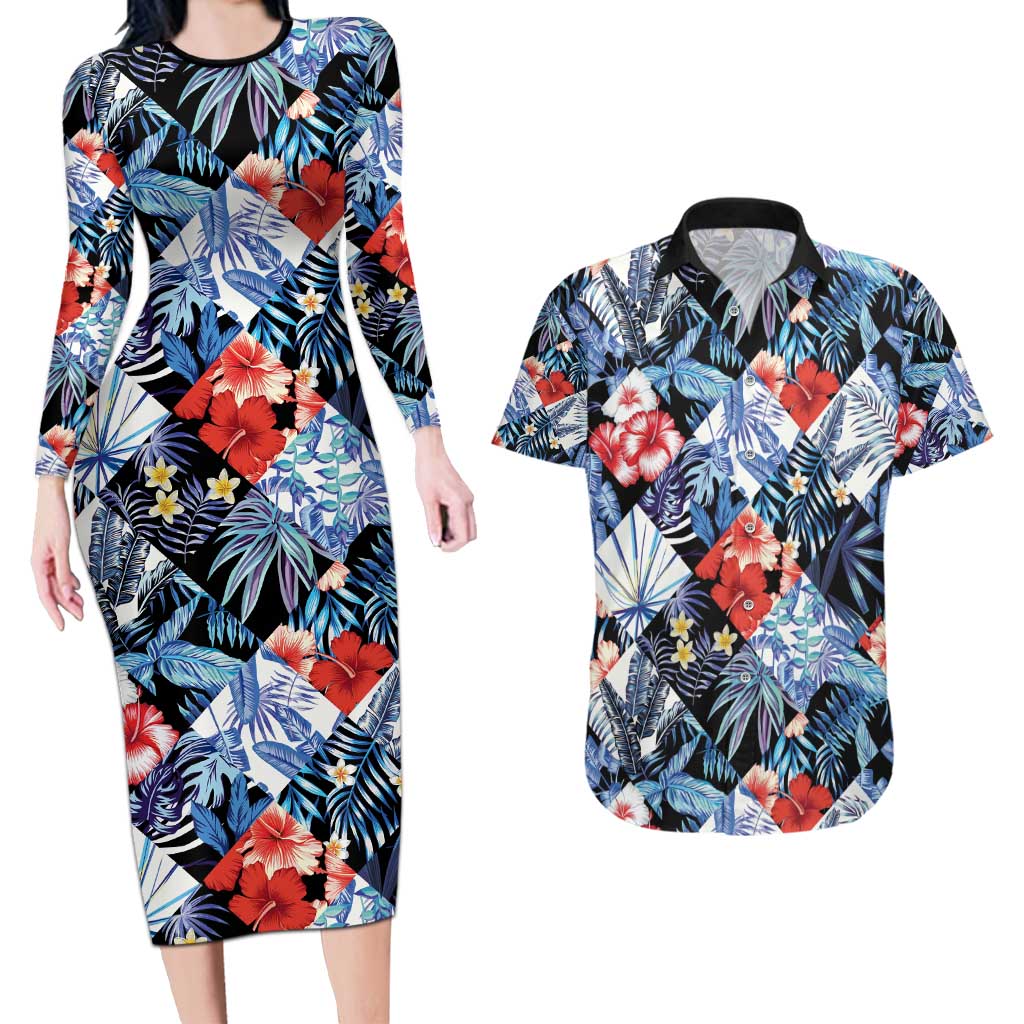 Hawaii Tropicana Blue Pattern Couples Matching Long Sleeve Bodycon Dress and Hawaiian Shirt - Polynesian Pride