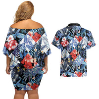 Hawaii Tropicana Blue Pattern Couples Matching Off Shoulder Short Dress and Hawaiian Shirt - Polynesian Pride