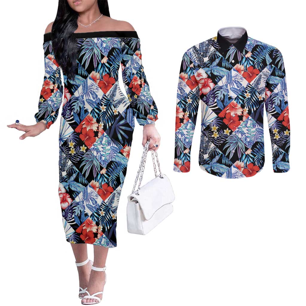 Hawaii Tropicana Blue Pattern Couples Matching Off The Shoulder Long Sleeve Dress and Long Sleeve Button Shirt - Polynesian Pride