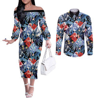 Hawaii Tropicana Blue Pattern Couples Matching Off The Shoulder Long Sleeve Dress and Long Sleeve Button Shirt - Polynesian Pride