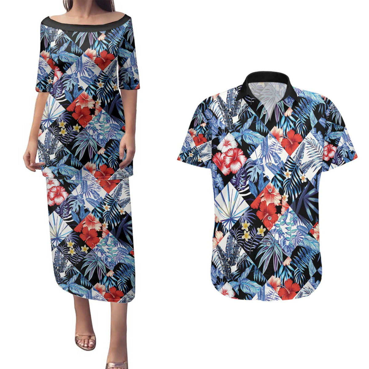 Hawaii Tropicana Blue Pattern Couples Matching Puletasi and Hawaiian Shirt LT01 Blue - Polynesian Pride