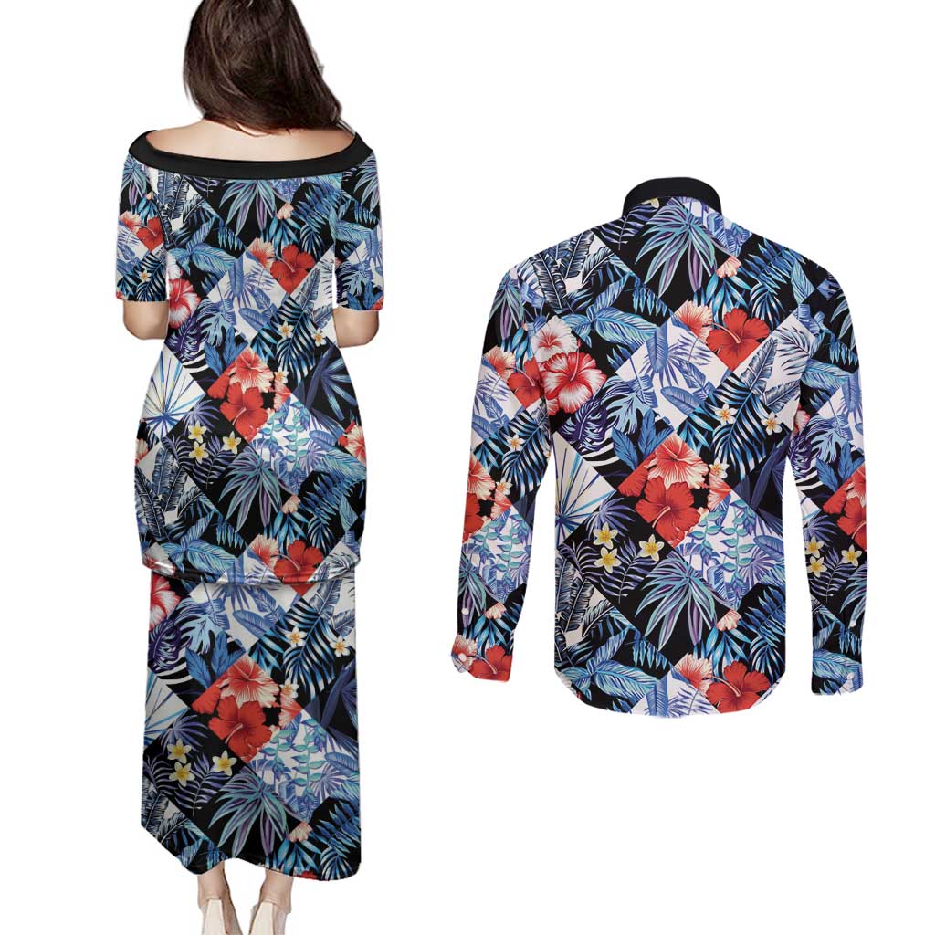 Hawaii Tropicana Blue Pattern Couples Matching Puletasi and Long Sleeve Button Shirt LT01 - Polynesian Pride