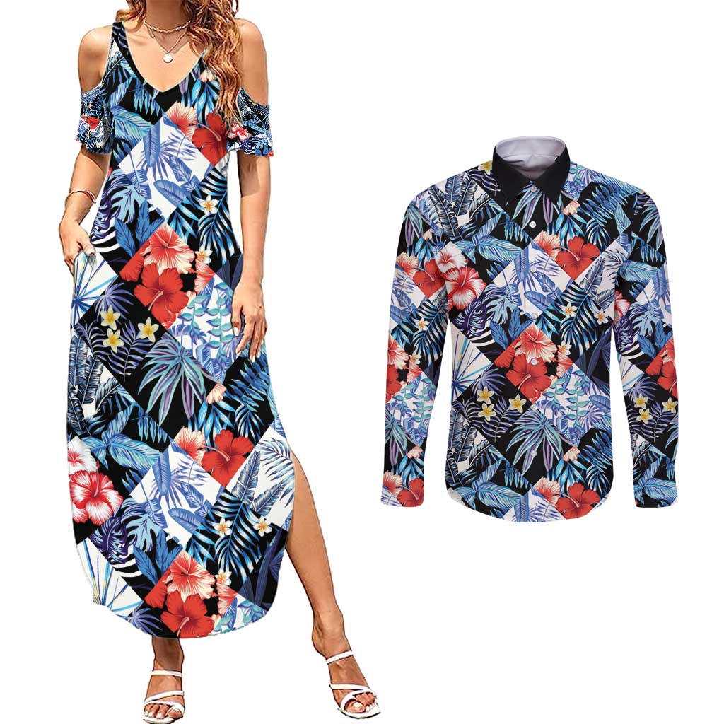 Hawaii Tropicana Blue Pattern Couples Matching Summer Maxi Dress and Long Sleeve Button Shirt - Polynesian Pride