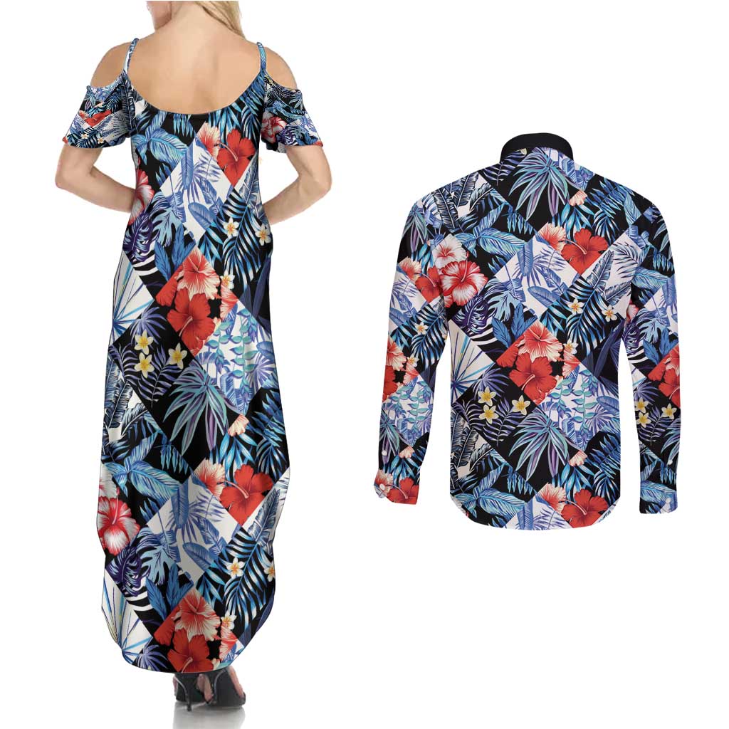 Hawaii Tropicana Blue Pattern Couples Matching Summer Maxi Dress and Long Sleeve Button Shirt - Polynesian Pride