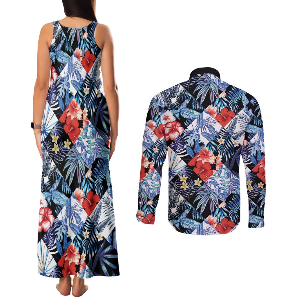 Hawaii Tropicana Blue Pattern Couples Matching Tank Maxi Dress and Long Sleeve Button Shirt - Polynesian Pride