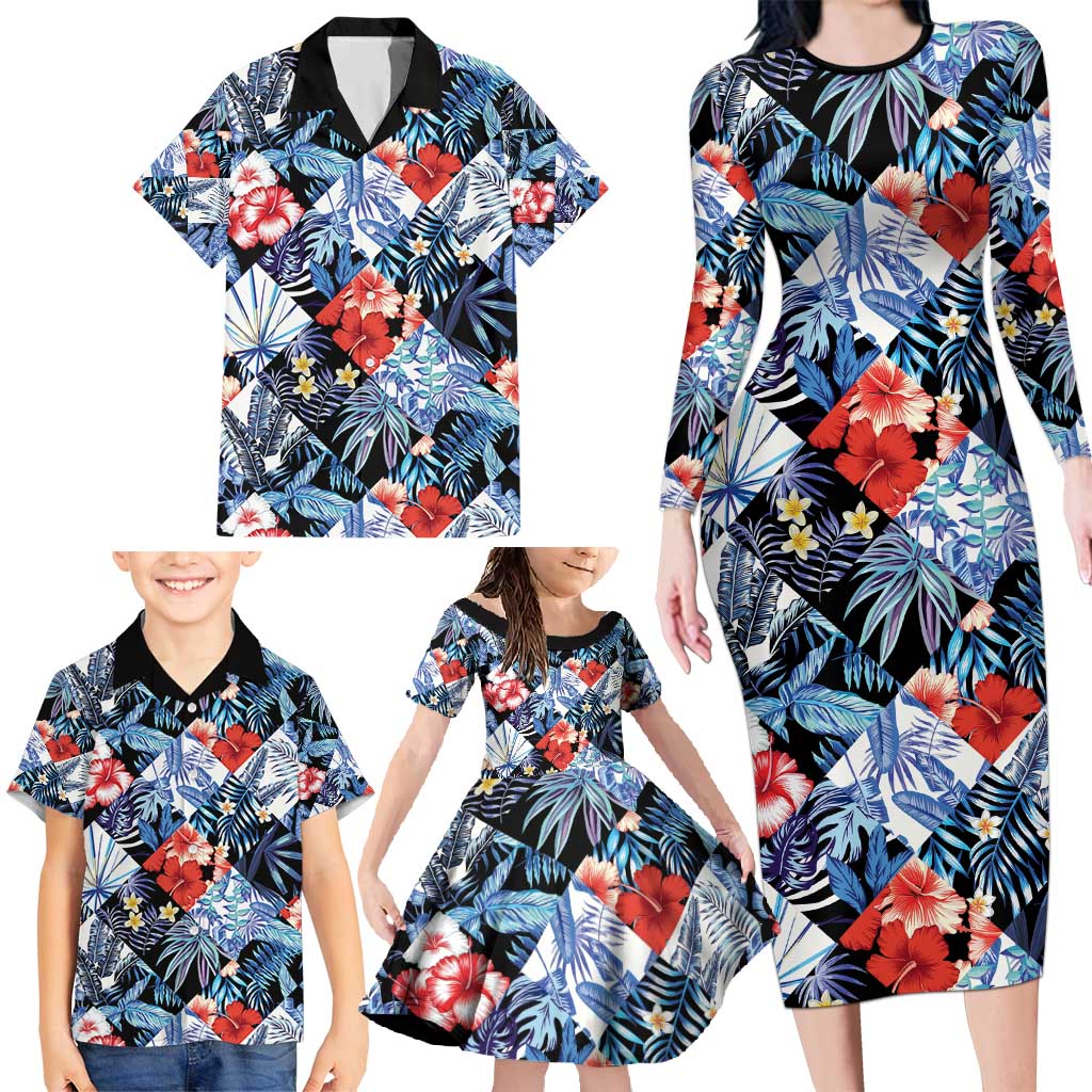 Hawaii Tropicana Blue Pattern Family Matching Long Sleeve Bodycon Dress and Hawaiian Shirt - Polynesian Pride