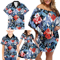 Hawaii Tropicana Blue Pattern Family Matching Off Shoulder Short Dress and Hawaiian Shirt - Polynesian Pride