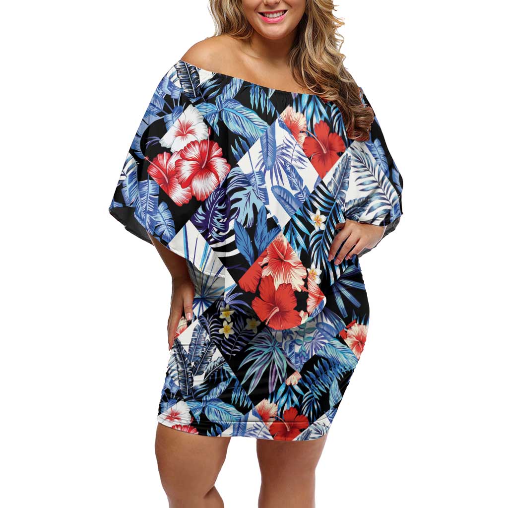 Hawaii Tropicana Blue Pattern Family Matching Off Shoulder Short Dress and Hawaiian Shirt - Polynesian Pride