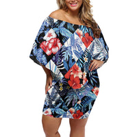 Hawaii Tropicana Blue Pattern Family Matching Off Shoulder Short Dress and Hawaiian Shirt - Polynesian Pride