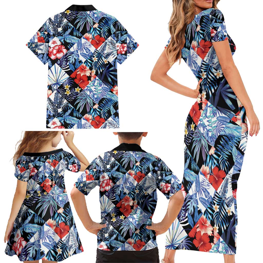Hawaii Tropicana Blue Pattern Family Matching Short Sleeve Bodycon Dress and Hawaiian Shirt - Polynesian Pride