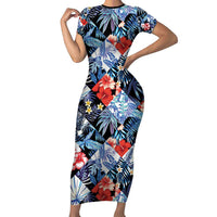 Hawaii Tropicana Blue Pattern Family Matching Short Sleeve Bodycon Dress and Hawaiian Shirt - Polynesian Pride