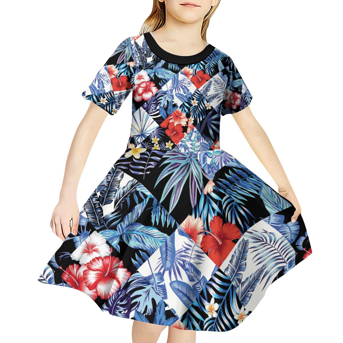 Hawaii Tropicana Blue Pattern Kid Short Sleeve Dress - Polynesian Pride