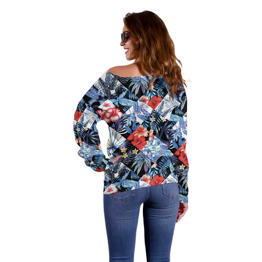 Hawaii Tropicana Blue Pattern Off Shoulder Sweater - Polynesian Pride