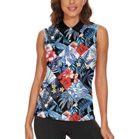 Hawaii Tropicana Blue Pattern Women Sleeveless Polo Shirt LT01 - Polynesian Pride