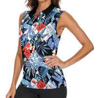 Hawaii Tropicana Blue Pattern Women Sleeveless Polo Shirt LT01 - Polynesian Pride