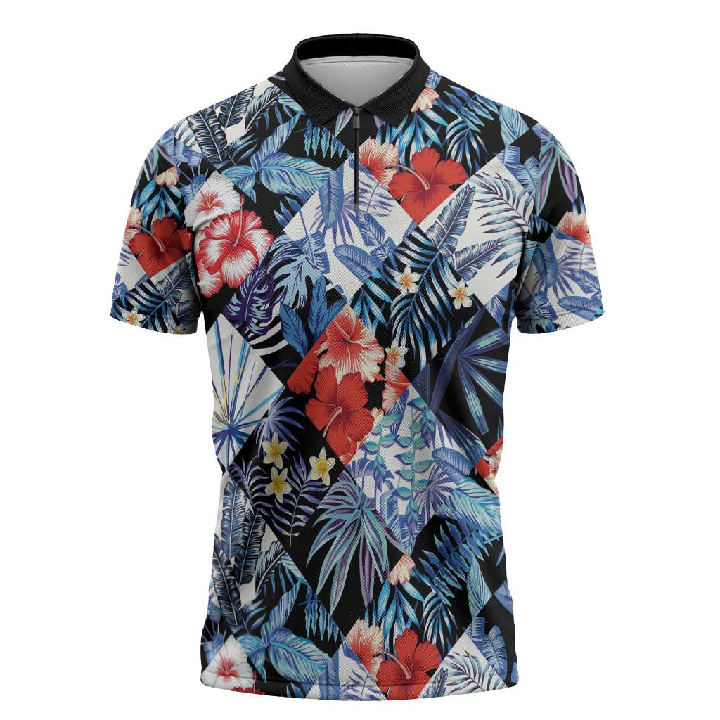 Hawaii Tropicana Blue Pattern Zipper Polo Shirt LT01 Blue - Polynesian Pride