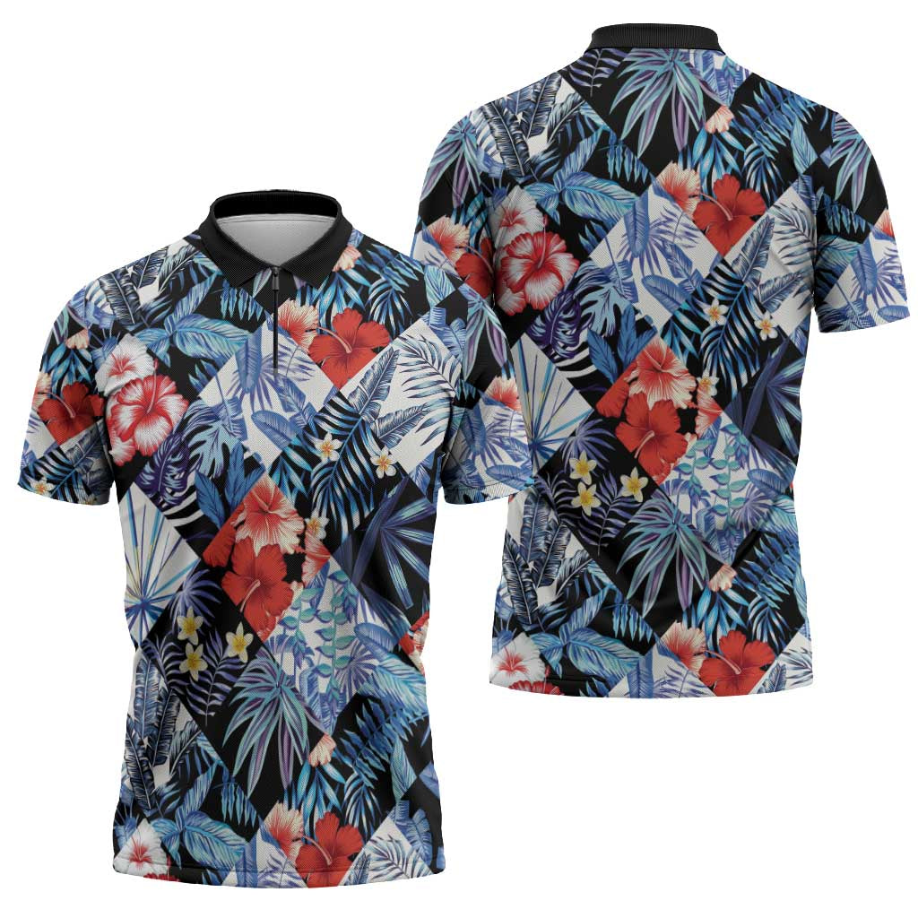 Hawaii Tropicana Blue Pattern Zipper Polo Shirt LT01 - Polynesian Pride