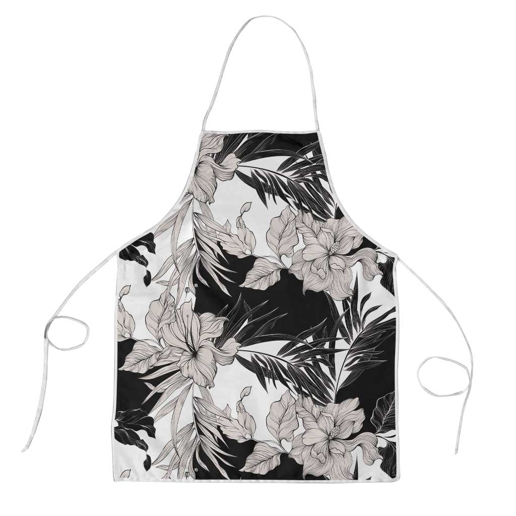 Black White Monotone Tropical Flowers Pattern Apron LT01 Black - Polynesian Pride