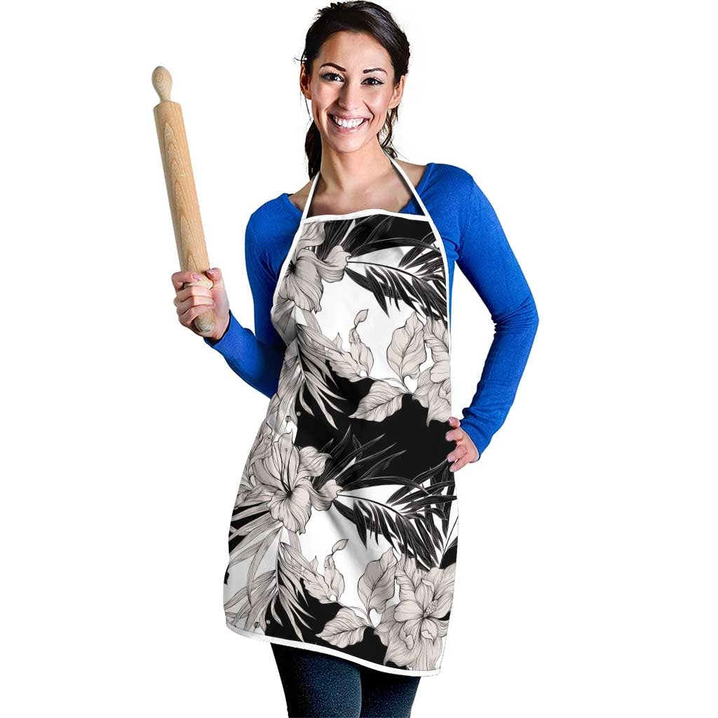 Black White Monotone Tropical Flowers Pattern Apron LT01 - Polynesian Pride
