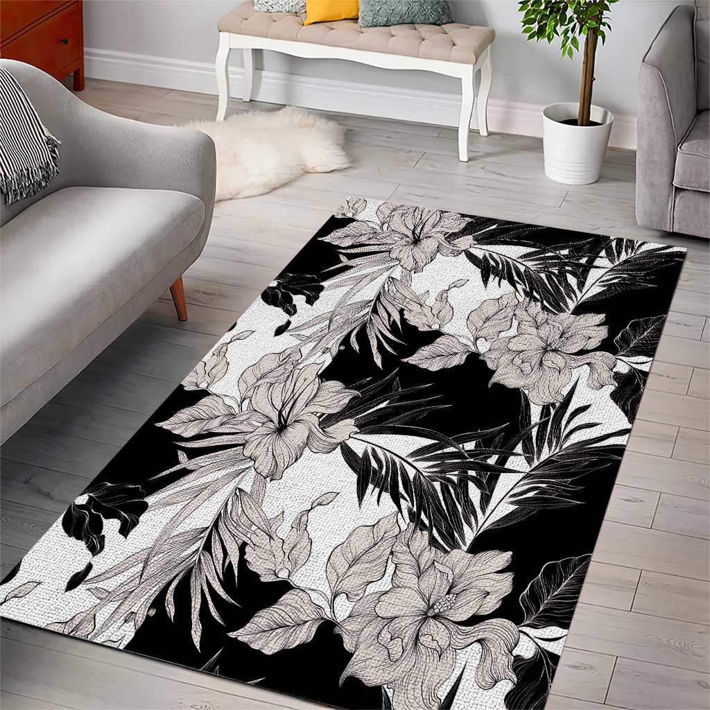 Black White Monotone Tropical Flowers Pattern Area Rug - Polynesian Pride