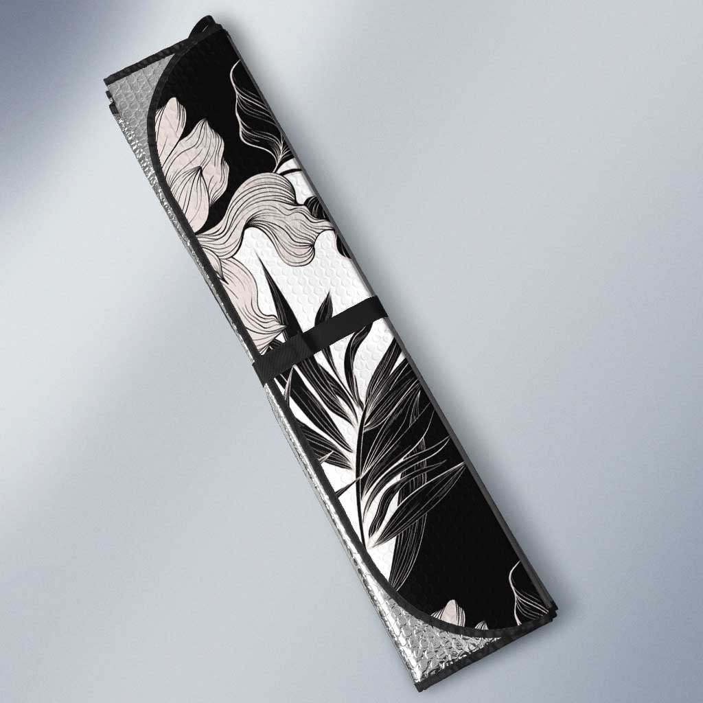 Black White Monotone Tropical Flowers Pattern Auto Sun Shade - Polynesian Pride