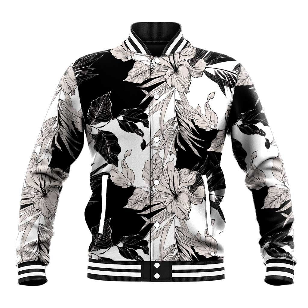 Black White Monotone Tropical Flowers Pattern Baseball Jacket LT01 Unisex Black - Polynesian Pride