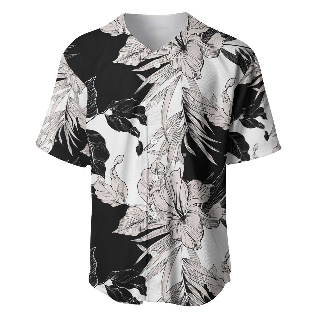 Black White Monotone Tropical Flowers Pattern Baseball Jersey - Polynesian Pride