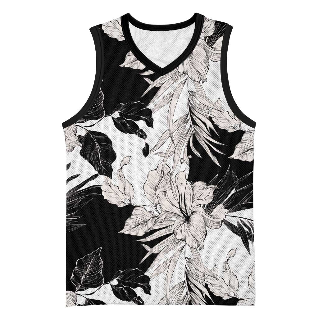 Black White Monotone Tropical Flowers Pattern Basketball Jersey LT01 Unisex Black - Polynesian Pride