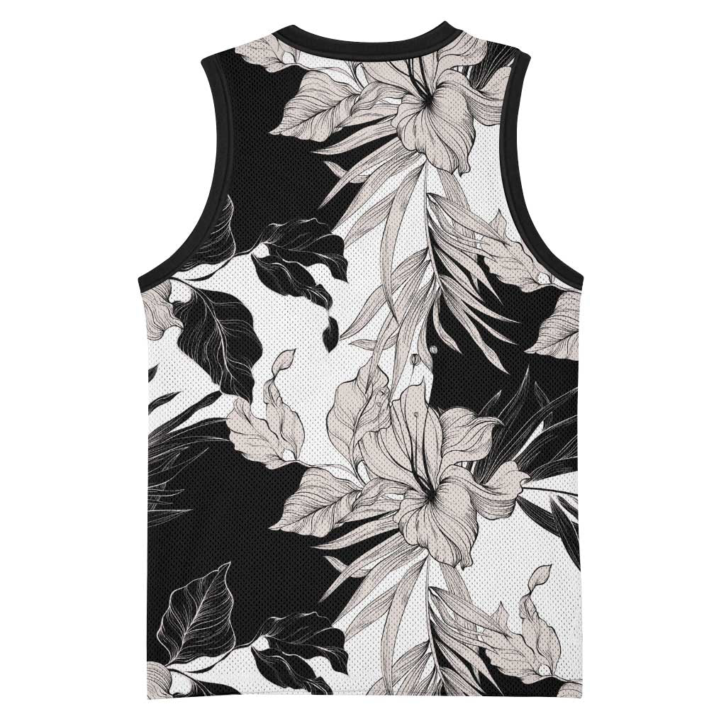 Black White Monotone Tropical Flowers Pattern Basketball Jersey LT01 - Polynesian Pride