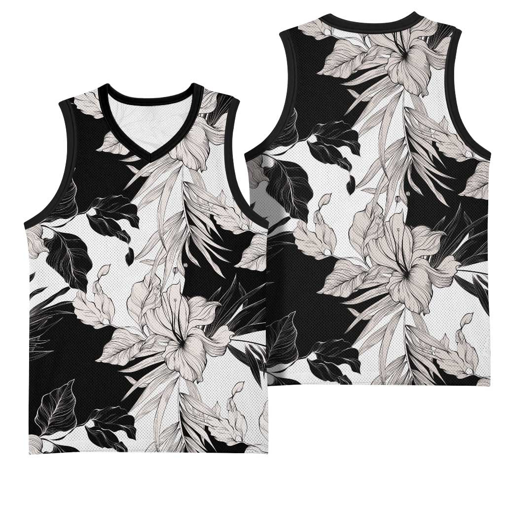 Black White Monotone Tropical Flowers Pattern Basketball Jersey LT01 - Polynesian Pride