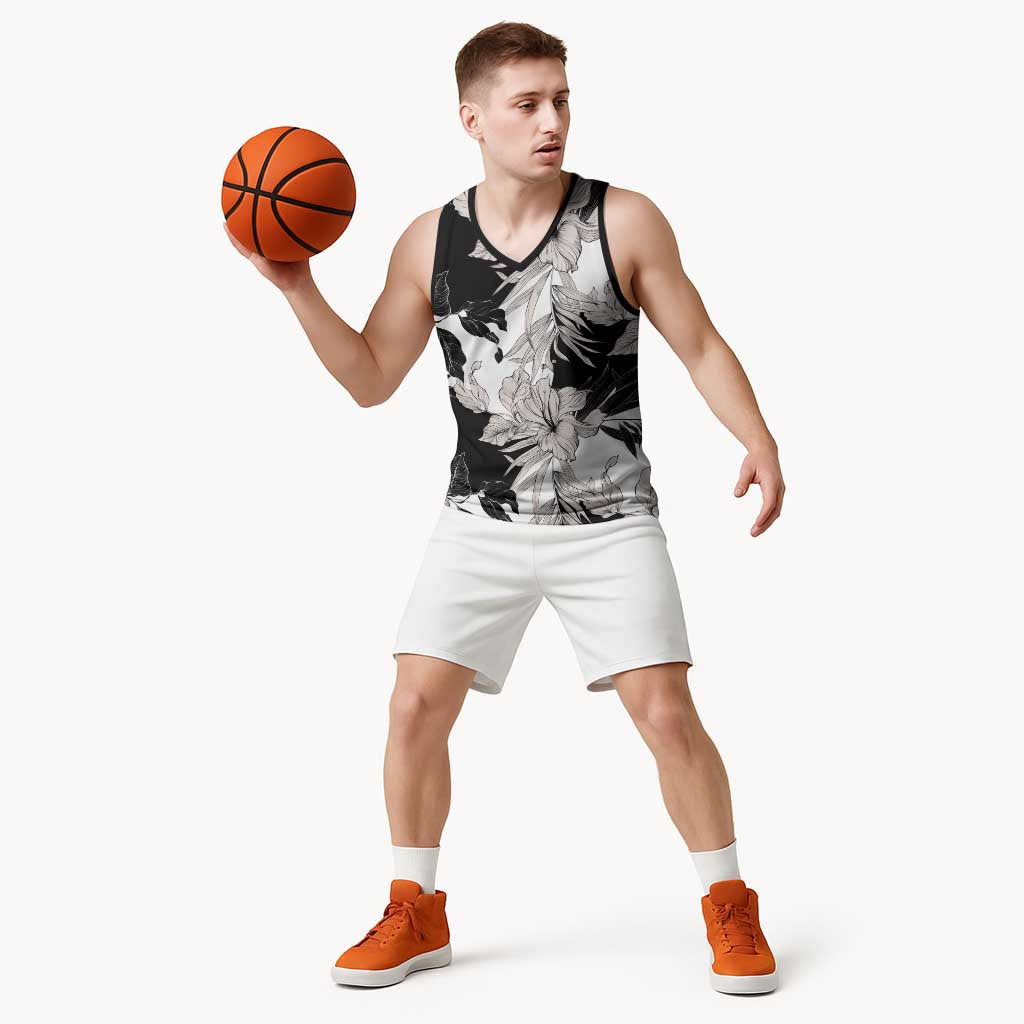Black White Monotone Tropical Flowers Pattern Basketball Jersey LT01 - Polynesian Pride