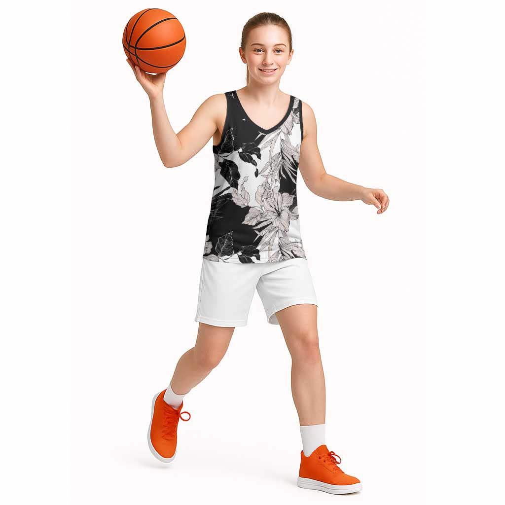 Black White Monotone Tropical Flowers Pattern Basketball Jersey LT01 - Polynesian Pride