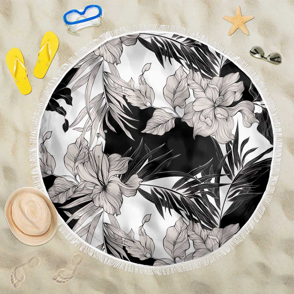 Black White Monotone Tropical Flowers Pattern Beach Blanket LT01 One Size 150cm Black - Polynesian Pride