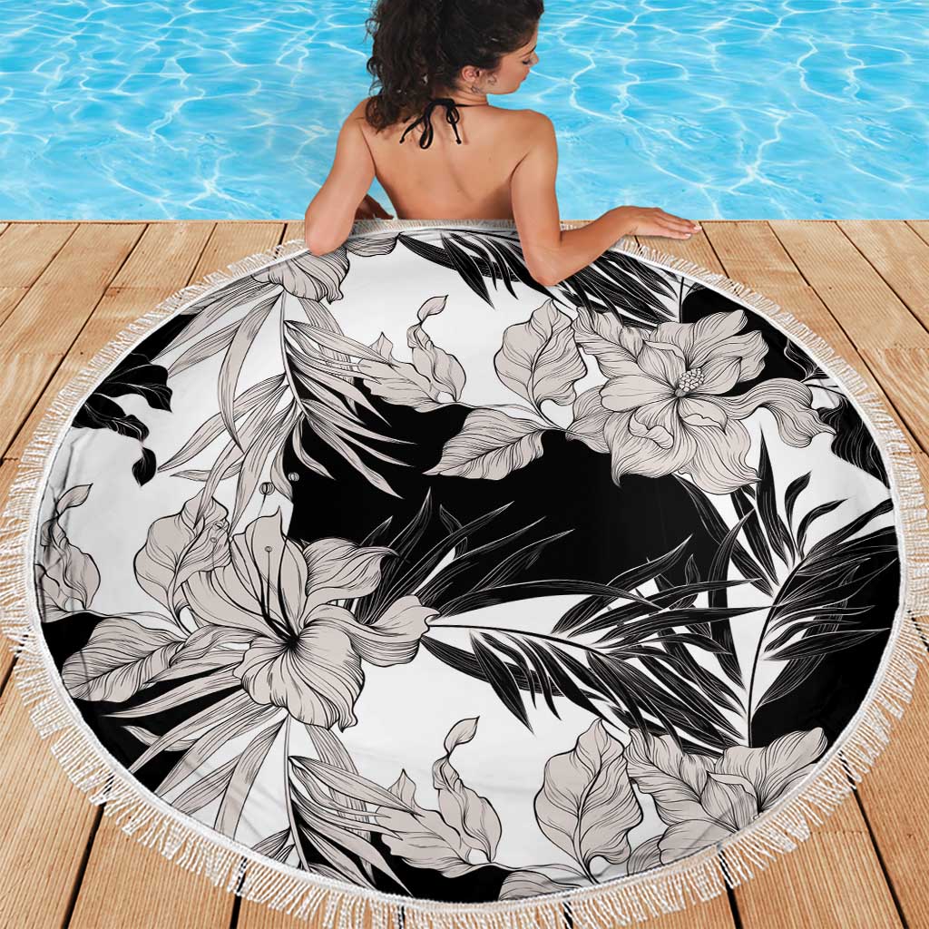 Black White Monotone Tropical Flowers Pattern Beach Blanket LT01 - Polynesian Pride