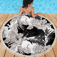 Black White Monotone Tropical Flowers Pattern Beach Blanket LT01 - Polynesian Pride