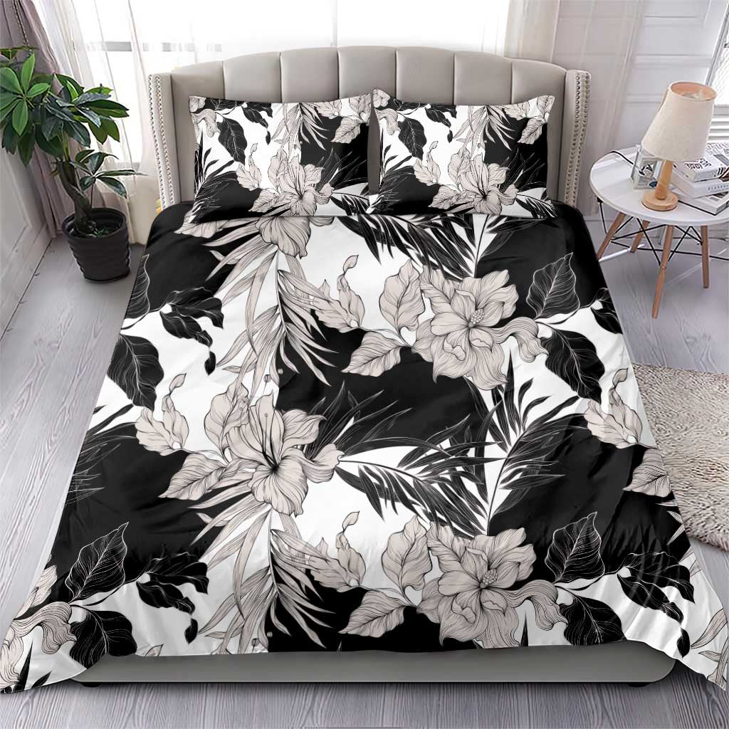 Black White Monotone Tropical Flowers Pattern Bedding Set - Polynesian Pride