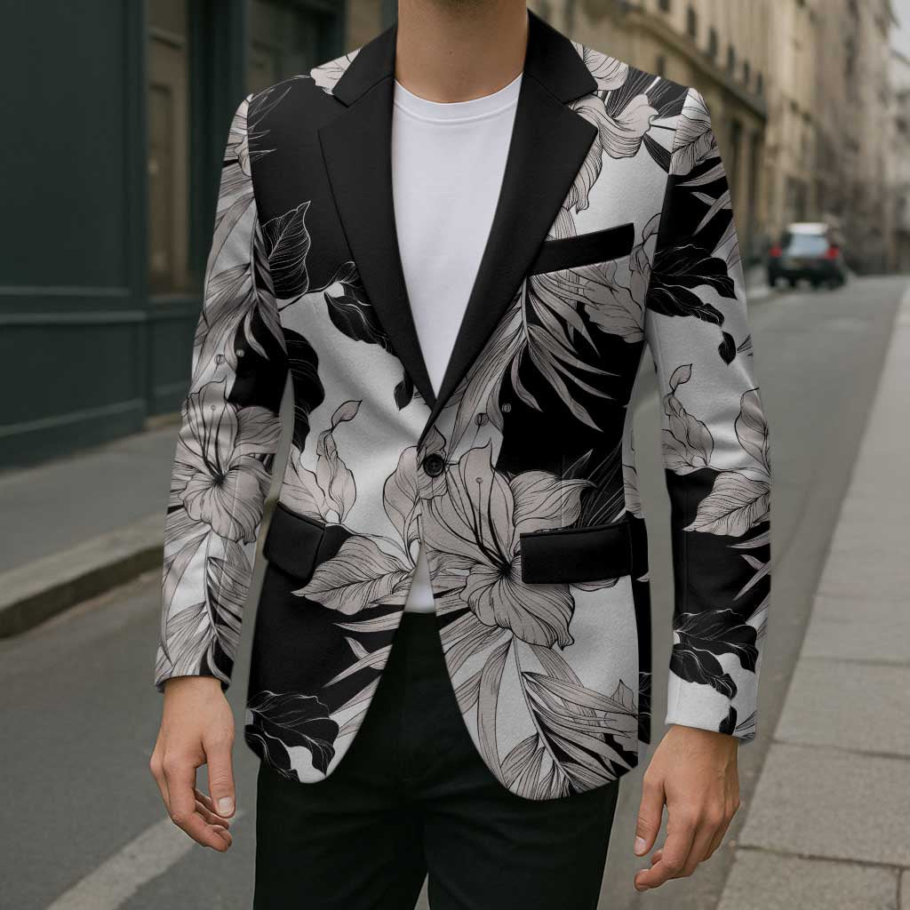 Black White Monotone Tropical Flowers Pattern Blazer LT01 - Polynesian Pride