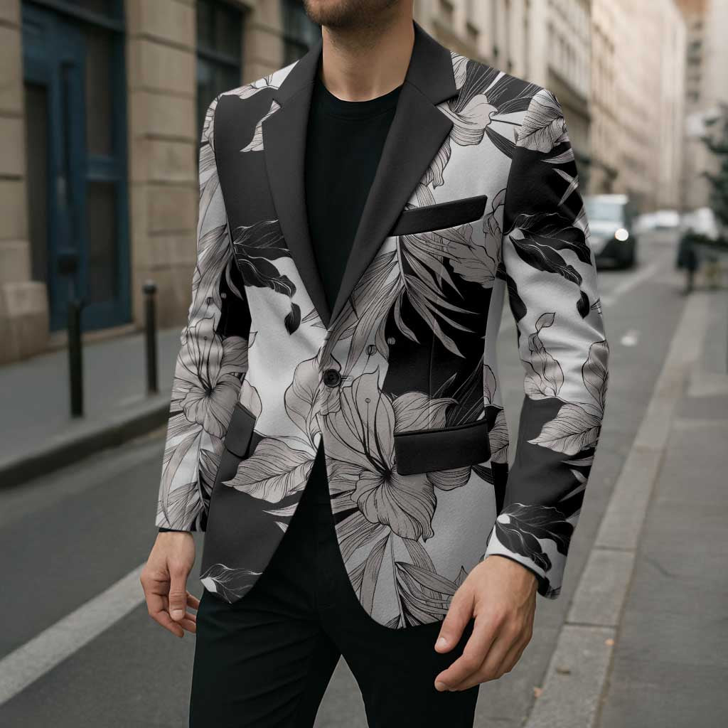 Black White Monotone Tropical Flowers Pattern Blazer LT01 - Polynesian Pride