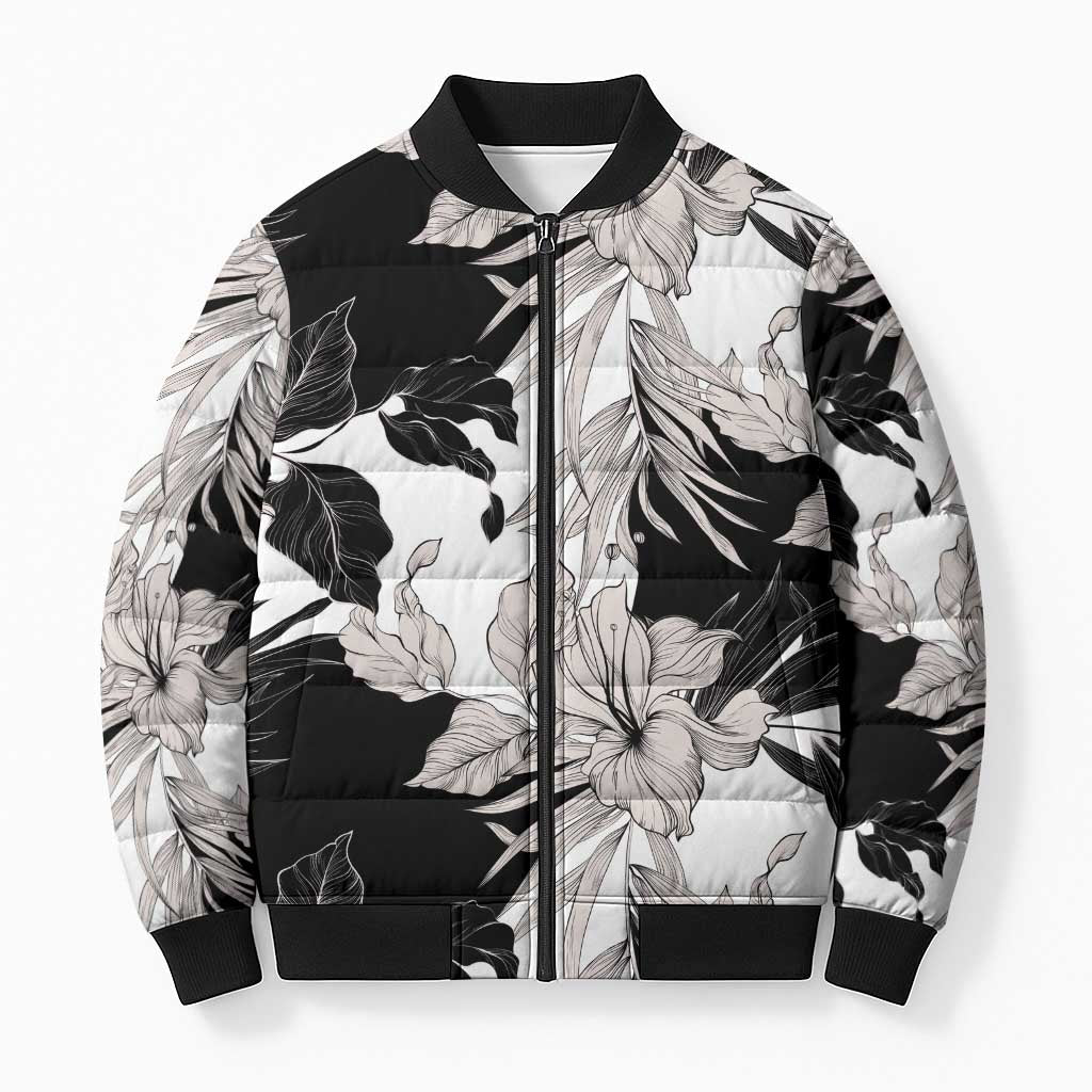 Black White Monotone Tropical Flowers Pattern Bomber Puffer Jacket LT01 Unisex Black - Polynesian Pride
