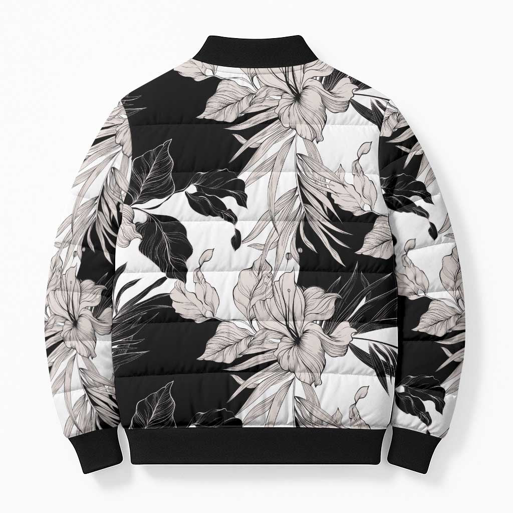 Black White Monotone Tropical Flowers Pattern Bomber Puffer Jacket LT01 - Polynesian Pride