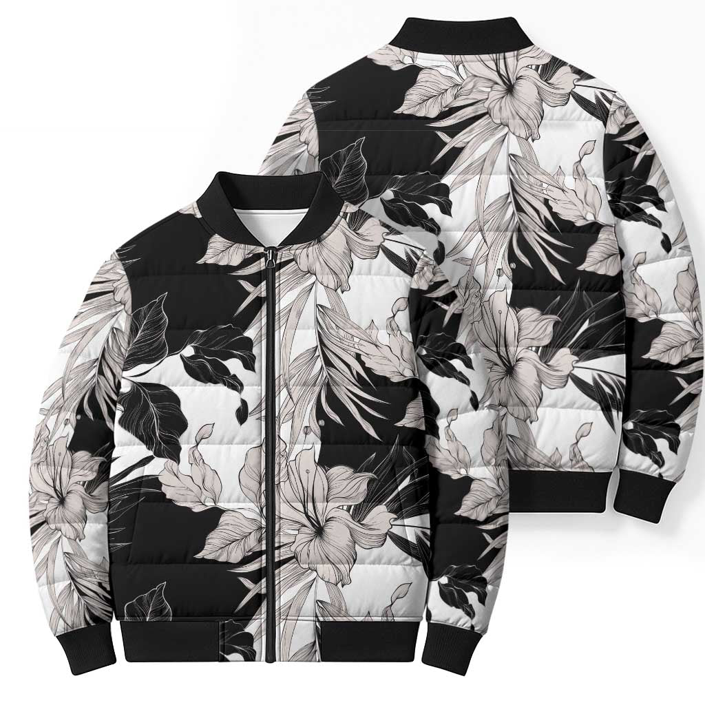 Black White Monotone Tropical Flowers Pattern Bomber Puffer Jacket LT01 - Polynesian Pride
