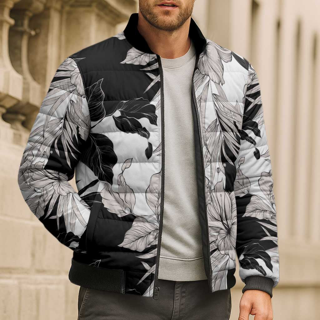 Black White Monotone Tropical Flowers Pattern Bomber Puffer Jacket LT01 - Polynesian Pride
