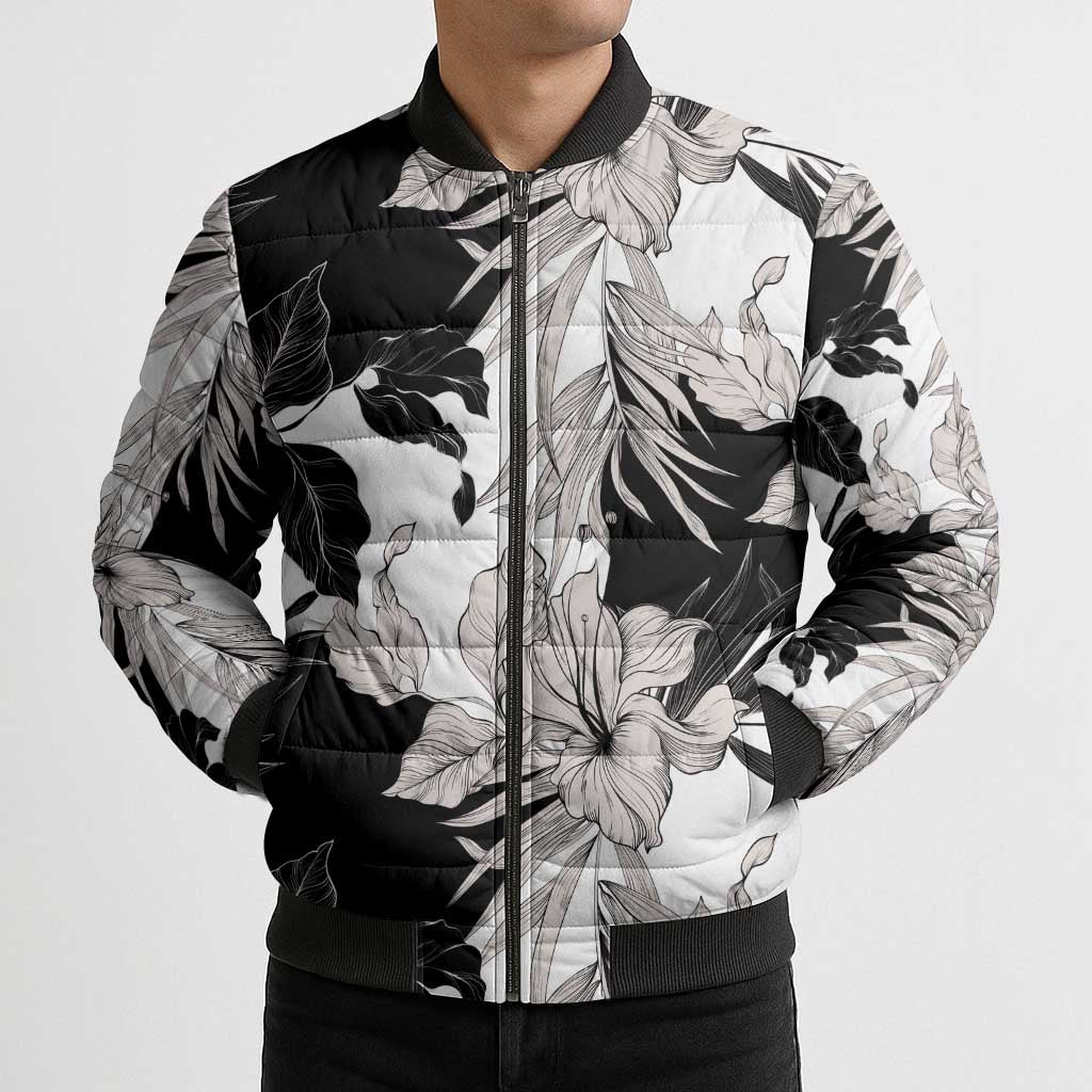Black White Monotone Tropical Flowers Pattern Bomber Puffer Jacket LT01 - Polynesian Pride