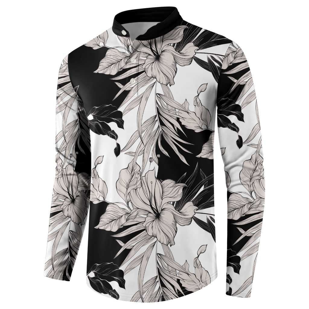 Black White Monotone Tropical Flowers Pattern Button Sweatshirt LT01 - Polynesian Pride