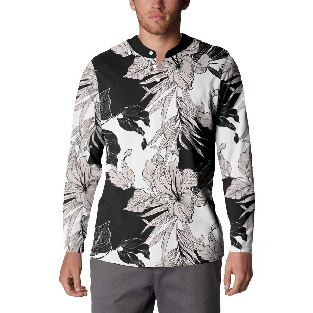 Black White Monotone Tropical Flowers Pattern Button Sweatshirt LT01 - Polynesian Pride